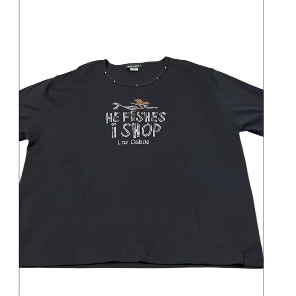 Get Lucky size 3xl short sleeve black T-shirt w/ “He fishes I shop” Los Cabo EUC